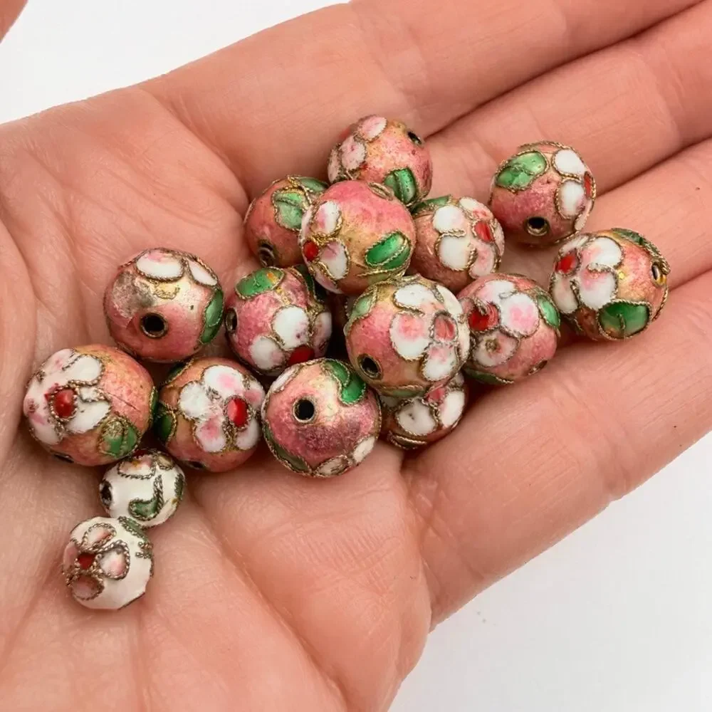 Lot of 7 Vintage Cloisonné Beads Green Pink Enamel Gold Tone Jewelry Making